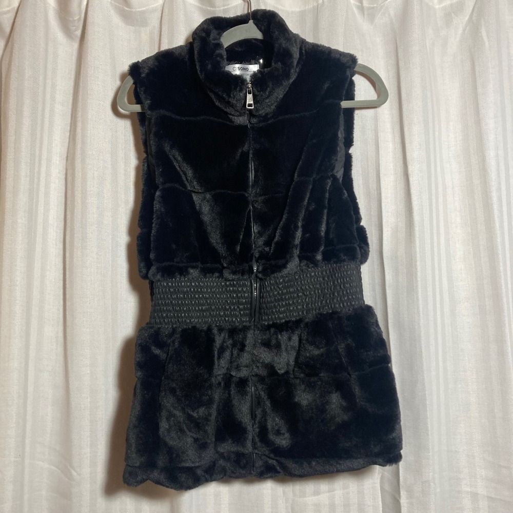 Ci Sono‎ Womens Black Faux Fur Vest Smocked Waist Full Zip Outerwear FV61 Small